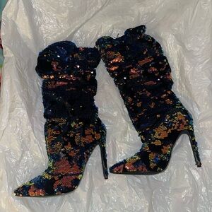 Sequin Pointed-Toe Stiletto Heeled Boots - Multicolor